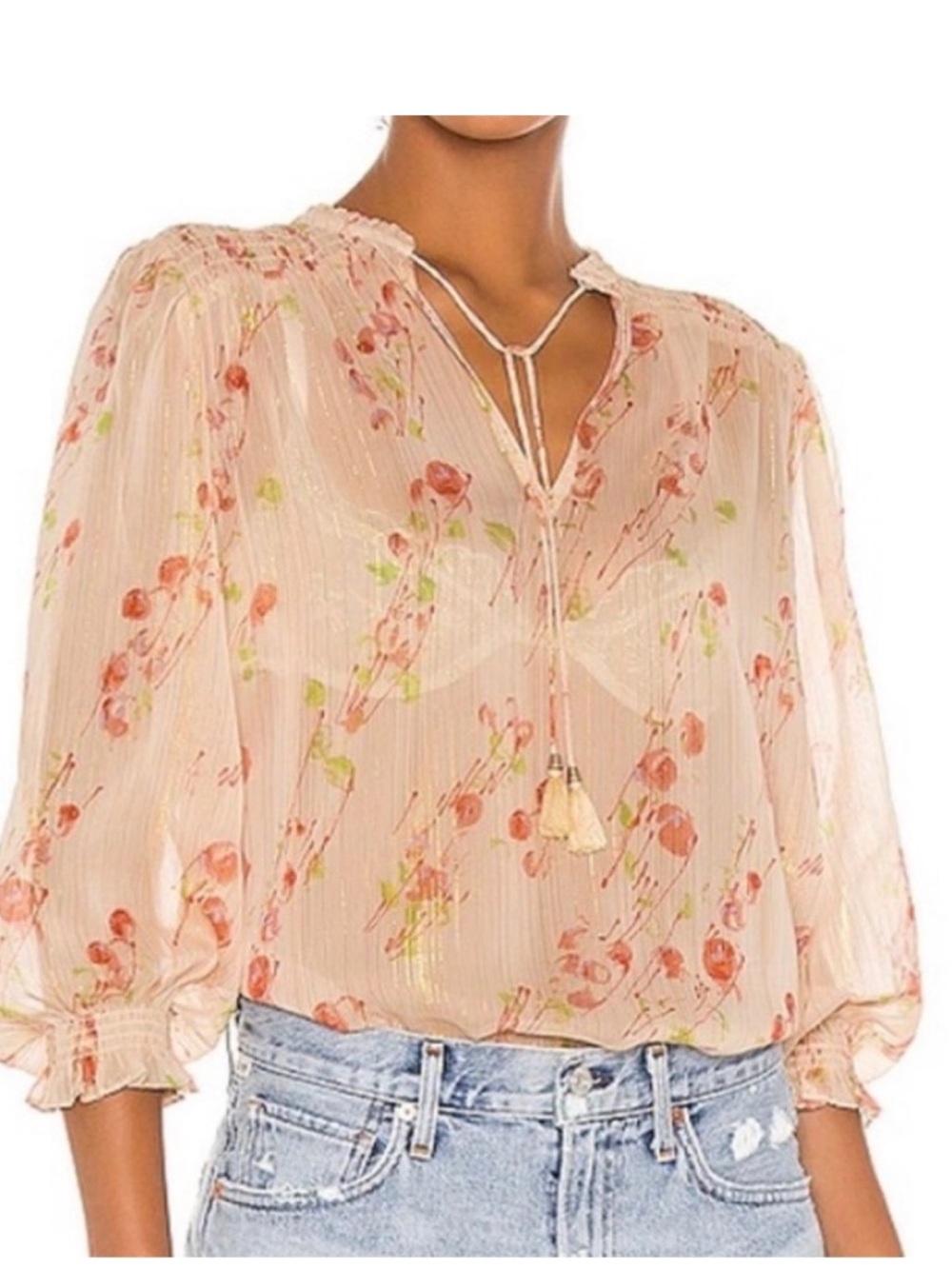 PAIGE Blouse womensโ Sz L indira sheer afterglow Top Tassel Tie Metallic Striped